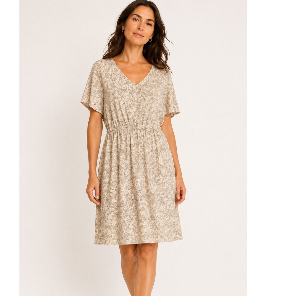 Tommy Bahama Linen Dress Womens Large Tan Floral V-Neck Boho Midi Vacation